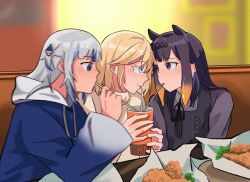 Rule 34 | 3girls, aqua eyes, blonde hair, blue eyes, blue hair, blush, commentary request, drink, drinking, drinking straw, drinking straw in mouth, eye contact, gawr gura, hair ornament, hololive, hololive english, looking at another, moonback0306, multicolored hair, multiple girls, ninomae ina&#039;nis, ninomae ina&#039;nis (casual), purple eyes, purple hair, restaurant, shark hair ornament, silver hair, sitting, streaked hair, tentacle hair, virtual youtuber, watson amelia, yuri