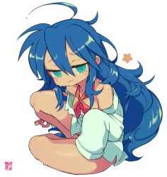 Rule 34 | 1girl, :3, ahoge, alternate breast size, aqua eyes, areola slip, artist logo, bare shoulders, blue hair, bottomless, breasts, bright pupils, cleavage, closed mouth, collarbone, collared shirt, furrowed brow, hair between eyes, izumi konata, long hair, long sleeves, looking at viewer, lucky star, medium breasts, messy hair, mole, mole on breast, mole under eye, neckerchief, no bra, off shoulder, partially undressed, red neckerchief, shirt, sidelocks, simple background, sitting, sleeves past fingers, sleeves past wrists, solo, star (symbol), starmilk, sweat, transparent background, very long hair, white shirt, yokozuwari