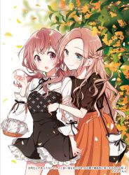 Rule 34 | 2girls, :o, arm hug, bag, basket, black ribbon, black shirt, blush, bow, bracelet, brown eyes, brown hair, commentary request, day, dress, flower, frilled dress, frills, green eyes, hair bow, half updo, hand up, highres, jewelry, long skirt, long sleeves, looking at another, multiple girls, neck ribbon, no bangs, orange skirt, original, outdoors, petals, ribbon, shirt, short sleeves, shoulder bag, skirt, sleeve ribbon, smile, tied sleeves, translation request, twintails, white bow, yukiko (tesseract), yuri