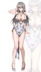 Rule 34 | 1girl, absurdres, azur lane, backless dress, backless outfit, bare shoulders, breasts, center opening, chinese commentary, cleavage, cosplay, dress, full body, grey hair, hair between eyes, halter dress, halterneck, hand in own hair, high heels, highres, jewelry, large breasts, long hair, necklace, no bra, plunging neckline, red eyes, saint-louis (azur lane), shoes, silver dress, simple background, solo, st. louis (azur lane), st. louis (azur lane) (cosplay), st. louis (luxurious wheels) (azur lane), toeless footwear, white background, wsfw