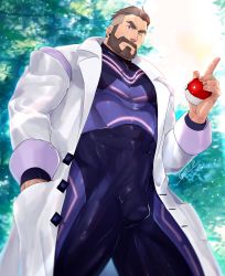 Rule 34 | 1boy, absurdres, artist name, bara, beard, black bodysuit, bodysuit, bulge, closed mouth, coat, creatures (company), day, facial hair, game freak, hand in pocket, highres, holding, holding poke ball, lab coat, large pectorals, male focus, multicolored bodysuit, multicolored clothes, muscular, muscular male, nintendo, one eye closed, open clothes, open coat, outdoors, oyatu55k, pectorals, pink bodysuit, poke ball, pokemon, pokemon sv, purple bodysuit, short hair, smile, solo, turo (pokemon), undercut