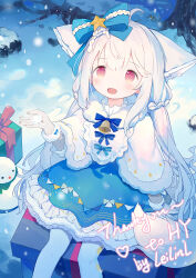 1girl :d ahoge animal_ears bell blue_bow blue_dress blush bow box capelet chinese_commentary christmas christmas_present commentary_request commission dress ears_down feet_out_of_frame fox_ears fox_girl fox_tail frilled_dress frills fur-trimmed_capelet fur_trim gift gift_box hair_bow hand_up highres large_ears leilin long_hair looking_at_viewer low_twintails neck_bell open_mouth original outdoors pantyhose red_eyes sakurada_shiro_(hy_plus) signature sitting smile snow snowing snowman solo tail twintails very_long_hair white_capelet white_hair white_pantyhose winter