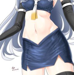 Rule 34 | 1girl, bikini, bikini skirt, black gloves, black thighhighs, blue bikini, blue hair, blue skirt, breasts, commentary request, cowboy shot, crop top, dated, elbow gloves, gloves, groin, i-203 (kancolle), kantai collection, light blue hair, long hair, medium breasts, midriff, navel, navel focus, neckerchief, out of frame, sailor collar, signature, simple background, skirt, solo, standing, swimsuit, thighhighs, tk8d32, white background, white neckerchief, white sailor collar, zettai ryouiki