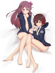 Rule 34 | 10s, 2girls, ass, bare legs, barefoot, blush, breasts, brown hair, crescent moon symbol, finger to mouth, haamon (harmon), highres, hood, hoodie, jacket, kantai collection, kisaragi (kancolle), long hair, looking at viewer, multicolored hair, multiple girls, mutsuki (kancolle), naked hoodie, navel, open clothes, purple eyes, purple hair, red eyes, red hair, remodel (kantai collection), short hair, small breasts, thighs, vipper captain