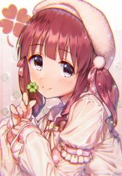 Rule 34 | 1girl, beret, blush, bow, bowtie, brooch, brown eyes, brown hair, clover, commentary, four-leaf clover, hair ribbon, hat, idolmaster, idolmaster cinderella girls, idolmaster cinderella girls starlight stage, jewelry, layered sleeves, long hair, long sleeves, looking at viewer, ogata chieri, orange uni, pom pom (clothes), ribbon, short over long sleeves, short sleeves, signature, sleeves past wrists, smile, solo, sparkle, twintails, upper body