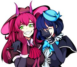 Rule 34 | 2girls, arm around shoulder, blue bow, blue hair, bow, bowtie, breasts, closed eyes, commentary, duel monster, english commentary, evil twin ki-sikil, evil twin lil-la, gloves, green eyes, grin, hair between eyes, hand on own face, hat, highres, ki-sikil (yu-gi-oh!), kimoi girls (meme), large breasts, laughing, lil-la (yu-gi-oh!), long hair, meme, multiple girls, no eyewear, pink hair, puffy short sleeves, puffy sleeves, rsutibu, short hair, short sleeves, smile, transparent background, yu-gi-oh!