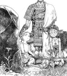 Rule 34 | 1boy, 2girls, arm guards, armor, bandaged fingers, bandages, braid, braided ponytail, centaur, child, collarbone, comforting, dagger, dress, earrings, ears down, father and daughter, feathered wings, flower, grave, hand on another&#039;s head, head out of frame, headpat, japanese armor, japanese clothes, jewelry, knife, leaning on person, leaning to the side, looking at another, looking at viewer, looking up, mourning, multiple girls, on ground, pixiv genealogy of life, pointy ears, sad, short hair, sitting, sleeveless, sleeveless dress, taur, tombstone, watari taichi, weapon, wings