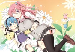 Rule 34 | 1boy, 1girl, age difference, black thighhighs, blue eyes, blue hair, blush, breasts, child, clothes writing, creature, eyepatch, headphones, holding hands, large breasts, nei (os), one side up, original, os (os fresa), pink hair, pointy ears, purple eyes, side ponytail, skirt, smile, souta (os), thighhighs