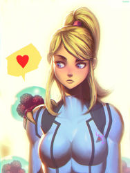 Rule 34 | 1girl, blonde hair, blue eyes, bodysuit, breasts, claws, genzoman, heart, high ponytail, lips, long hair, looking at another, metroid, metroid (creature), monster, nintendo, ponytail, samus aran, scrunchie, sidelocks, signature, size difference, skin tight, speech bubble, spoken heart, swept bangs, turtleneck, upper body, valentine, zero suit