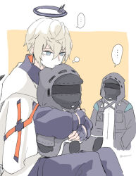 Rule 34 | ..., 1boy, 1other, arknights, black jacket, black pants, blonde hair, border, character doll, commentary request, cowboy shot, cropped torso, doctor (arknights), executor (arknights), frown, halo, hand in pocket, hood, hooded jacket, hugging doll, hugging object, jacket, looking down, mask, pants, sitting, soppos, spoken ellipsis, twitter username, upper body, white background, white jacket, wings, yellow background