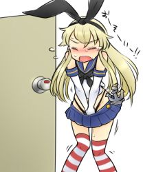 Rule 34 | 10s, 1girl, anchor, animal ears, bad id, bad pixiv id, bare shoulders, between legs, black hairband, black neckerchief, black panties, blonde hair, blue sailor collar, blue skirt, blush, closed eyes, door, door knob, elbow gloves, embarrassed, fake animal ears, female focus, flat chest, flying sweatdrops, gloves, hair ornament, hairband, hand between legs, hand under clothes, have to pee, highleg, highleg panties, japanese text, kantai collection, long hair, miniskirt, neckerchief, nose blush, open mouth, own hands together, panties, pee, peeing, peeing self, pleated skirt, rabbit ears, red thighhighs, sailor collar, saliva, shimakaze (kancolle), shirt, skirt, sleeveless, sleeveless shirt, solo, standing, striped clothes, striped thighhighs, suzumushi (tanpopo cha), sweat, sweatdrop, talking, tears, thighhighs, translation request, trembling, underwear, v arms, white gloves, white shirt