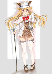 Rule 34 | 1girl, blonde hair, hat, long hair, mashinatsu, monocle, original, red eyes, solo, thighhighs, twintails, cane