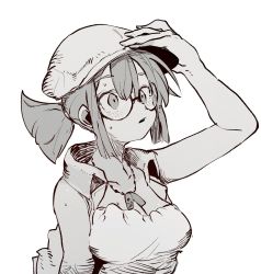 Rule 34 | 1girl, bare shoulders, breasts, cleavage, commentary, ddari, dog tags, fio germi, greyscale, hand up, hat, highres, metal slug, monochrome, parted lips, ponytail, round eyewear, simple background, solo, sweat, upper body, white background