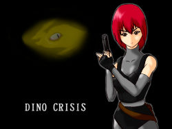 Rule 34 | 1girl, capcom, dino crisis, fingerless gloves, gloves, gun, red hair, regina (dino crisis), weapon