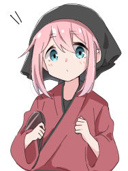 Rule 34 | 1girl, alternate costume, blue eyes, blush, closed mouth, commentary request, hair between eyes, head scarf, holding, holding tray, japanese clothes, kagamihara nadeshiko, kapuru 0410, kimono, long sleeves, looking at viewer, pink hair, red kimono, sidelocks, simple background, solo, tray, upper body, white background, wide sleeves, yurucamp
