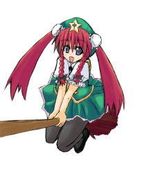 Rule 34 | 1girl, black pantyhose, broom, broom riding, female focus, hong meiling, pantyhose, solo, touhou, witch