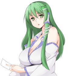 Rule 34 | 1girl, :o, bad id, bad pixiv id, bare shoulders, blush, breasts, cleavage, detached sleeves, frog hair ornament, from side, green eyes, green hair, hair ornament, hair tubes, japanese clothes, kochiya sanae, large breasts, long hair, long sleeves, looking at viewer, matching hair/eyes, miko, ofuda, shirt, sidelocks, sleeveless, sleeveless shirt, snake hair ornament, solo, surota, touhou, triangle mouth, upper body, white background, white shirt, wide sleeves