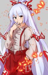 Rule 34 | 1girl, bow, closed mouth, fire, fujiwara no mokou, grey background, hair bow, hand in pocket, highres, juliet sleeves, long hair, long sleeves, looking at viewer, ofuda, ofuda on clothes, pants, puffy sleeves, red eyes, red pants, shinmon akika, simple background, solo, suspenders, touhou, very long hair, white hair