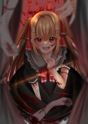 Rule 34 | 1girl, :d, absurdres, black dress, blonde hair, blood, blood on arm, blood on clothes, blood on face, blurry, blurry foreground, collared dress, curtains, dress, female focus, frilled dress, frills, guro, hair ornament, hairclip, highres, looking at viewer, needle, open mouth, original, red eyes, severed limb, smile, solo, stitches, teeth, thread, tohu0821, twintails, upper teeth only