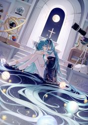 Rule 34 | 1girl, absurdly long hair, aqua eyes, aqua hair, arch, black ribbon, blue dress, book, book stack, bouquet, chain, crescent, crescent earrings, cross, cross necklace, cup, dress, earrings, flower, full moon, gold chain, green nails, gyroscope, hair ornament, hair ribbon, hatsune miku, high heels, highres, jewelry, jupiter (planet), long hair, looking at viewer, moon, moon (ornament), mug, nail polish, necklace, nishina hima, on floor, planet, ribbon, rose, sitting, sky, snow globe, solo, stairs, star (sky), star (symbol), starry sky, telescope, twintails, very long hair, vocaloid, window