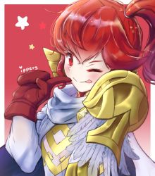 Rule 34 | 1girl, anna (fire emblem), armor, blush, cape, fire emblem, fire emblem heroes, gloves, highres, ippers, long hair, looking at viewer, nintendo, one eye closed, ponytail, red eyes, red hair, smile, solo