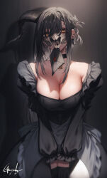Rule 34 | 1girl, apron, black choker, black dress, black gloves, black hair, breasts, character request, choker, cleavage, collarbone, copyright request, dress, ear piercing, genyaky, gloves, goat horns, grey apron, half gloves, highres, horns, large breasts, long sleeves, looking at viewer, own hands together, piercing, puffy long sleeves, puffy sleeves, solo