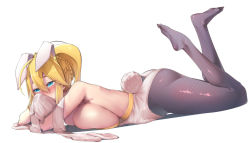 Rule 34 | 1girl, aki (akikaze asparagus), animal ears, artoria pendragon (all), artoria pendragon (fate), artoria pendragon (swimsuit ruler) (fate), bare shoulders, blonde hair, blue eyes, breasts, covered mouth, fake animal ears, fate/grand order, fate (series), feet up, fishnets, hair between eyes, large breasts, leotard, long hair, looking away, lying, on stomach, pantyhose, playboy bunny, ponytail, purple pantyhose, rabbit ears, sideboob, sidelocks, simple background, solo, white background, white leotard, wrist cuffs