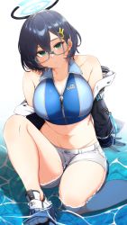 Rule 34 | absurdres, aqua-framed eyewear, arm support, black hair, blue archive, breasts, chihiro (blue archive), cleavage, crop top, glasses, green eyes, halo, highres, jacket, large breasts, open clothes, open jacket, partially submerged, partially unzipped, ryusei (ster0629), short hair, short shorts, shorts, sitting, stomach, thighs, toeless footwear, water, white background, zipper
