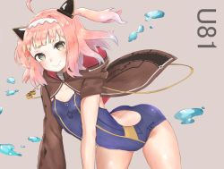 Rule 34 | after suko, ahoge, animal ears, arched back, azur lane, backless swimsuit, blunt bangs, bow, cape, character name, diamond-shaped pupils, diamond (shape), ear ribbon, gold trim, grey background, hair intakes, hairband, highres, one-piece swimsuit, pink hair, school swimsuit, solo, swimsuit, symbol-shaped pupils, thighs, u-81 (azur lane), water drop, yellow eyes