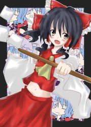 Rule 34 | 1girl, :d, ascot, black hair, blush, breasts, brown eyes, cowboy shot, dutch angle, female focus, frills, gohei, hair tubes, hakurei reimu, holding, looking at viewer, midriff, miwa maku, navel, open mouth, red skirt, ribbon-trimmed sleeves, ribbon trim, sidelocks, skirt, small breasts, smile, solo, stick, stomach, touhou, vest