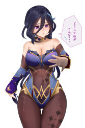 Rule 34 | 1girl, bananamusume, bare shoulders, black hair, blue leotard, breasts, brown pantyhose, choker, cleavage, clorinde (genshin impact), cosplay, cowboy shot, detached sleeves, genshin impact, highres, leotard, long hair, long sleeves, mona (genshin impact), mona (genshin impact) (cosplay), pantyhose, purple eyes, simple background, solo, speech bubble, standing, strapless, strapless leotard, thighs, translation request, very long hair, white background