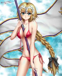 Rule 34 | 1girl, absurdres, between breasts, bikini, blonde hair, blue eyes, blush, bow, braid, breasts, character name, copyright name, fate/grand order, fate (series), flag, flagpole, front-tie bikini top, front-tie top, frown, hair bow, headpiece, highres, jeanne d&#039;arc (fate), jeanne d&#039;arc (ruler) (fate), jihadangel, large breasts, long braid, long hair, red bikini, side-tie bikini bottom, single braid, solo, swimsuit, untied, very long hair