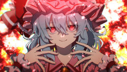 Rule 34 | 1girl, akaishi yashi, backlighting, blurry, brooch, depth of field, frilled shirt collar, frills, hair between eyes, hands up, hat, hat ribbon, jewelry, looking at viewer, mob cap, nail polish, portrait, puffy sleeves, red eyes, red nails, red ribbon, remilia scarlet, ribbon, short hair, smile, soft focus, solo, touhou, upper body, wrist cuffs