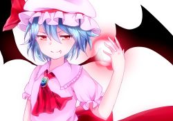 Rule 34 | 1girl, ascot, bat wings, blue hair, brooch, energy ball, fang, fang out, hamuyui (mihara1212), hand up, hat, hat ribbon, jewelry, looking at viewer, mob cap, puffy short sleeves, puffy sleeves, red eyes, remilia scarlet, ribbon, short hair, short sleeves, simple background, slit pupils, smile, solo, touhou, white background, wings