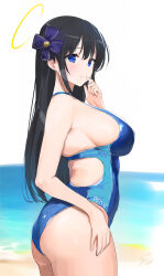 Rule 34 | 1girl, ass, back cutout, beach, black hair, blue eyes, blush, breasts, clothing cutout, competition swimsuit, halo, highres, large breasts, light smile, looking at viewer, looking to the side, one-piece swimsuit, ryouki (senran kagura), senran kagura, sideboob, signature, solo, straight hair, swimsuit, yaegashi nan