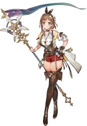 Rule 34 | 1girl, atelier (series), atelier ryza, atelier ryza 3, belt, boots, bracelet, braid, breast pocket, breasts, brown eyes, brown footwear, brown hair, choker, cleavage, coattails, crown braid, full body, gloves, hair ornament, hairclip, hand on own hip, hat, highres, holding, holding staff, jewelry, looking at viewer, medium hair, official art, pendant, photoshop (medium), pocket, red shorts, reisalin stout, short sleeves, shorts, single glove, smile, solo, staff, standing, star (symbol), star choker, thick thighs, thigh boots, thighs, toridamono, transparent background, vest, x hair ornament
