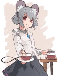 Rule 34 | 1girl, animal ears, black skirt, closed mouth, dated, grey hair, highres, holding, long sleeves, looking at viewer, mouse ears, mouse tail, nazrin, red eyes, reiga (act000), shirt, short hair, skirt, smile, solo, standing, tail, touhou, white shirt