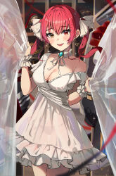Rule 34 | 1girl, absurdres, blush, breasts, cleavage, collarbone, dangle earrings, dress, earrings, haru yu, heart, heart earrings, heterochromia, highres, hololive, houshou marine, jewelry, large breasts, long hair, looking at viewer, open mouth, red eyes, red hair, smile, solo, teeth, twintails, upper teeth only, virtual youtuber, white dress, yellow eyes