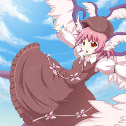 Rule 34 | 1girl, animal ears, bad id, bad pixiv id, bow, cloud, day, dress, earrings, feathers, female focus, flying, fuuen (akagaminanoka), hair bow, hat, jewelry, mystia lorelei, open mouth, orange eyes, outdoors, outstretched arms, pink hair, short hair, sky, solo, spread arms, touhou, wings