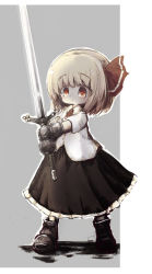 Rule 34 | 1girl, ascot, black skirt, blonde hair, brown footwear, closed mouth, collared shirt, commentary request, dress shirt, frilled skirt, frills, full body, gauntlets, grey background, holding, holding sword, holding weapon, kouba, long sleeves, looking at viewer, red ascot, red eyes, rumia, shirt, simple background, skirt, solo, standing, sword, touhou, weapon, white shirt