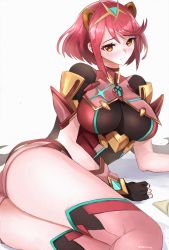 Rule 34 | 1girl, animal ears, ass, black gloves, blush, bob cut, breasts, chest jewel, closed mouth, fingerless gloves, gloves, headpiece, highres, large breasts, orange eyes, pyra (xenoblade), red hair, red shorts, red thighhighs, short hair, short shorts, shorts, solo, swept bangs, thighhighs, thighs, tiara, tommy (kingdukeee), xenoblade chronicles (series), xenoblade chronicles 2