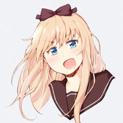 Rule 34 | 1girl, blonde hair, blue eyes, bow, collarbone, commentary request, cropped shoulders, grey background, hair bow, hinoichi241, long hair, looking at viewer, nanamori school uniform, open mouth, red bow, sailor collar, school uniform, simple background, solo, toshinou kyouko, yuru yuri