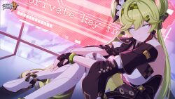 Rule 34 | 1girl, ai-chan (chrono navi) (honkai impact), ai-chan (honkai impact), alternate eye color, bare shoulders, black dress, black gloves, blue eyes, boots, breasts, cleavage, cleavage cutout, closed mouth, clothing cutout, dress, fingerless gloves, gloves, glowing, glowing eyes, green hair, hair ornament, highres, honkai (series), honkai impact 3rd, large breasts, long hair, medium breasts, official art, on floor, sitting, smile, solo, thigh boots, very long hair, white footwear