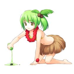 Rule 34 | 1girl, asphyxiation, atsukan, barefoot, bikini, bikini top only, bug, cockroach, coconut, drowning, flat chest, flower necklace, grass skirt, green hair, insect, lei, navel, original, smile, solo, swimsuit, unknown