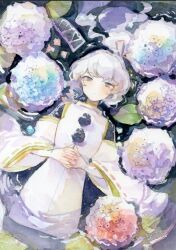 Rule 34 | 1girl, black hat, blue flower, closed mouth, flower, from above, grey hair, hat, interlocked fingers, japanese clothes, kariginu, long sleeves, looking at viewer, mononobe no futo, own hands together, partially submerged, purple flower, red ribbon, ribbon, ryokotyu, solo, tate eboshi, touhou, water, wide sleeves