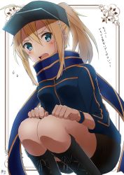 Rule 34 | 1girl, artoria pendragon (fate), black footwear, black hat, black shorts, blonde hair, blue eyes, blue jacket, blue scarf, blush, boots, enokimo me, fate/grand order, fate (series), hair between eyes, hat, high ponytail, highres, jacket, knee boots, long hair, looking at viewer, mysterious heroine x (fate), open mouth, scarf, short shorts, shorts, sidelocks, solo, squatting, white background, wristband