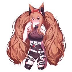 Rule 34 | 1girl, absurdres, angelina (arknights), angelina (distinguished visitor) (arknights), animal ears, arknights, beudelb, black bodysuit, black collar, black thighhighs, blush, bodysuit, breasts, brown hair, collar, cowboy shot, cropped legs, earpiece, fox ears, fox girl, hairband, hand up, highres, infection monitor (arknights), large breasts, long hair, multiple straps, official alternate costume, red eyes, simple background, sleeveless, sleeveless bodysuit, solo, striped clothes, striped hairband, thighhighs, twintails, very long hair, white background