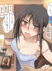 Rule 34 | 1girl, 1other, bare shoulders, beer mug, blush, breasts, brown eyes, casual, chopsticks, cleavage, collarbone, cup, drunk, food, highres, holding, holding cup, kitano (zekkyon), large breasts, looking at viewer, mug, open mouth, original, solo focus, translation request, yakitori, zekkyon
