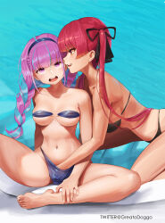 Rule 34 | 2girls, barefoot, bikini, black bikini, black hairband, blue hair, braid, braided ponytail, breasts, collarbone, feet, feet out of frame, fingering, foot out of frame, greatodoggo, hairband, hand under clothes, hand under swimsuit, highres, hololive, houshou marine, implied fingering, large breasts, legs, looking at another, medium breasts, minato aqua, multicolored hair, multiple girls, navel, open mouth, pool, purple eyes, purple hair, red eyes, red hair, rolling eyes, sitting, smile, swimsuit, teeth, toenails, toes, tongue, upper teeth only, virtual youtuber, yuri