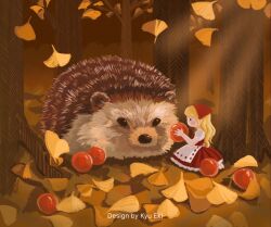 Rule 34 | 1girl, animal, blonde hair, blush stickers, chinese commentary, commentary request, dress, english text, food, hedgehog, highres, holding, holding food, kyu eki, lolita fashion, mini person, minigirl, nature, original, outdoors, oversized animal, petals, red dress, solo, tree